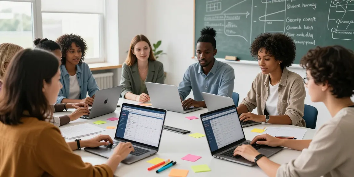 Teachers using EMStudio, an online teacher planner, for classroom management and lesson planning in a bright collaborative setting.