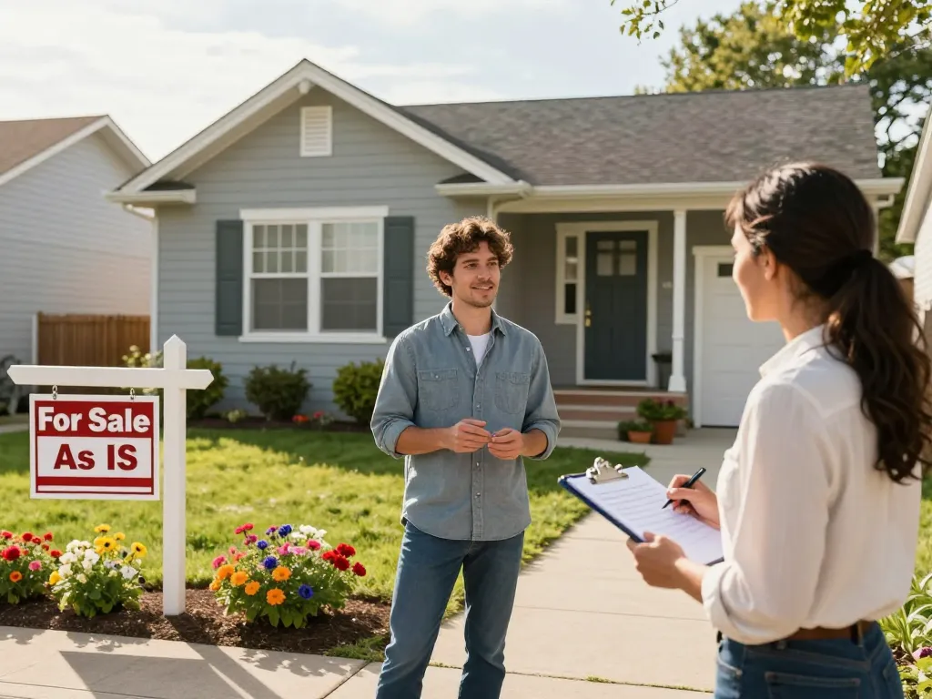 Sell house without repairs strategy discussion in front of charming property