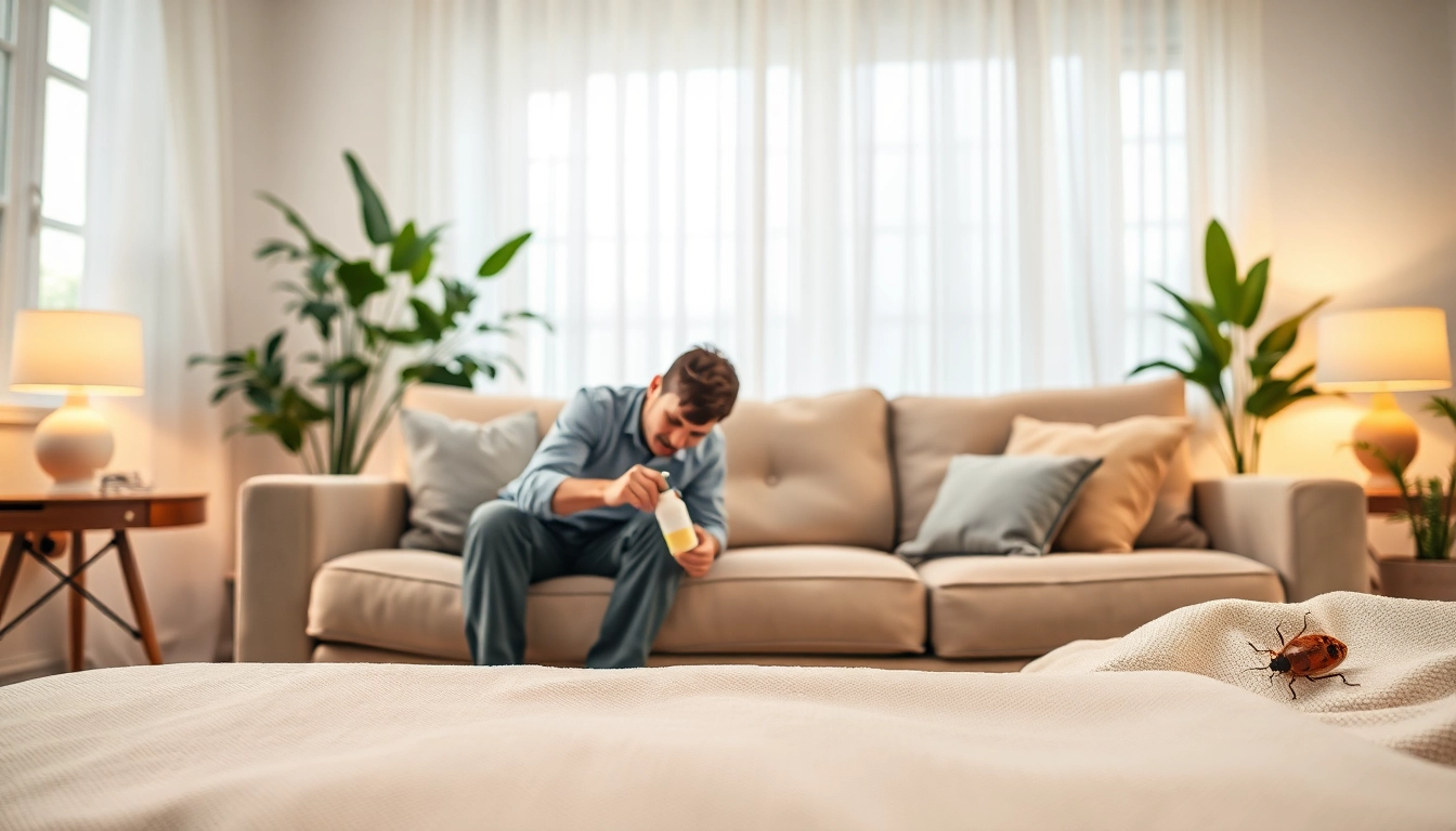 Expert performing bed bug treatment on a sofa, ensuring a pest-free home.