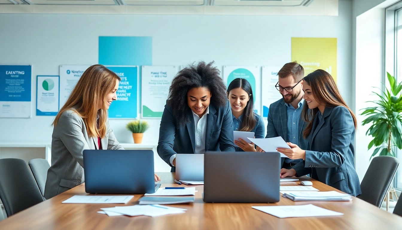 Workforce development collaboration in a modern office setting with diverse professionals.