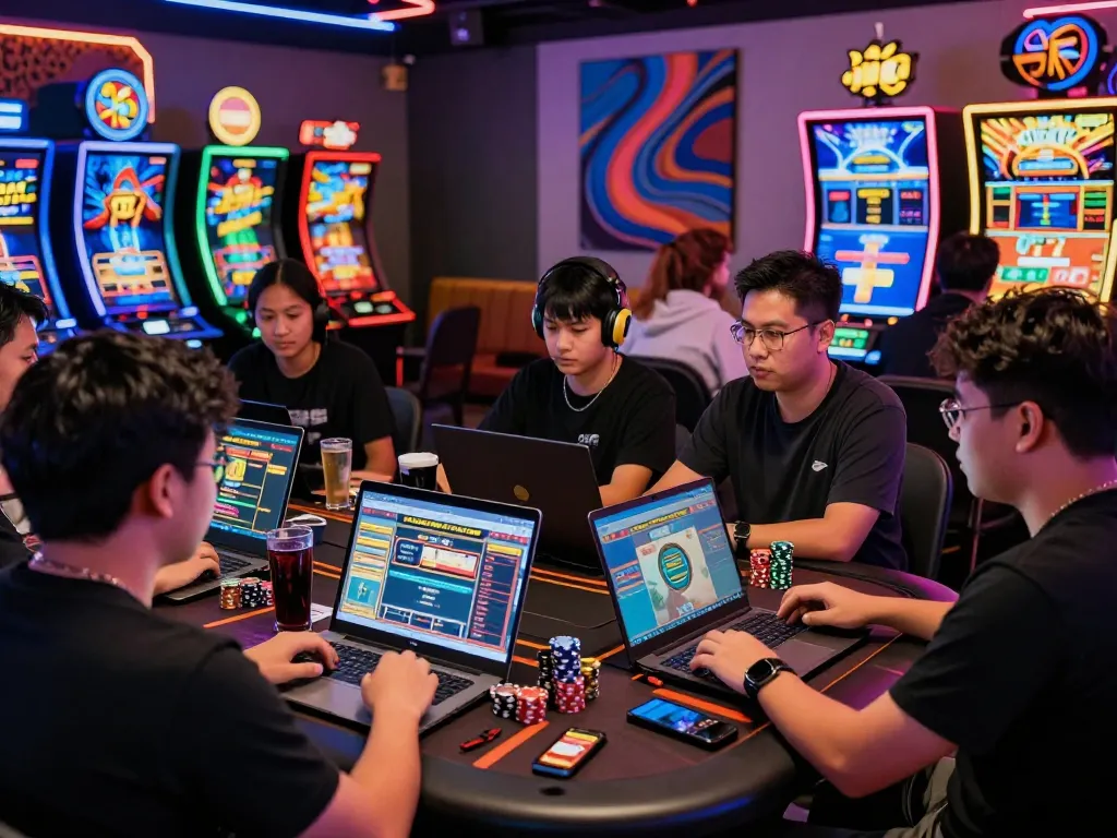 A diverse group of players engaged in Agen Togel online gambling, surrounded by vibrant gaming displays.