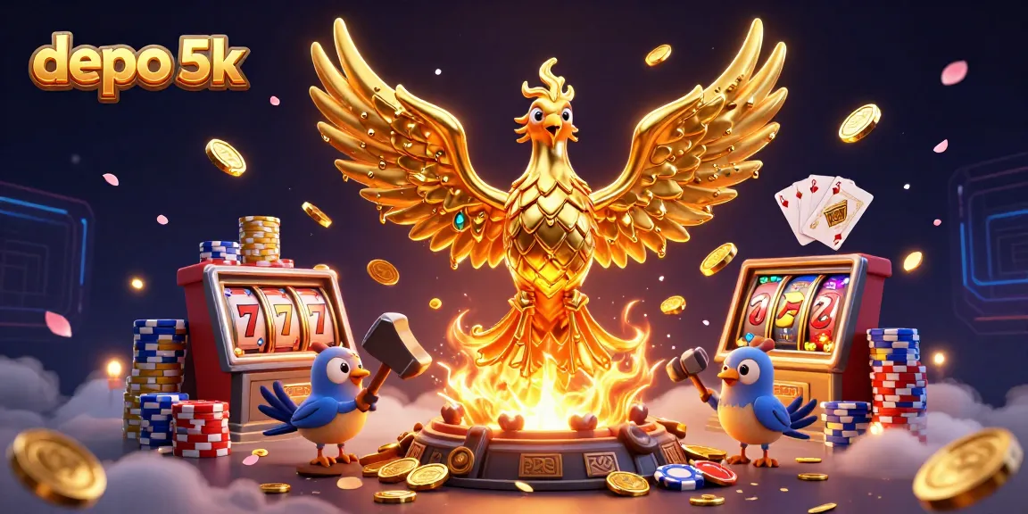 Experience jackpot thrills with depo 5k in a vibrant 3D casino scene filled with golden coins and lucky slots.