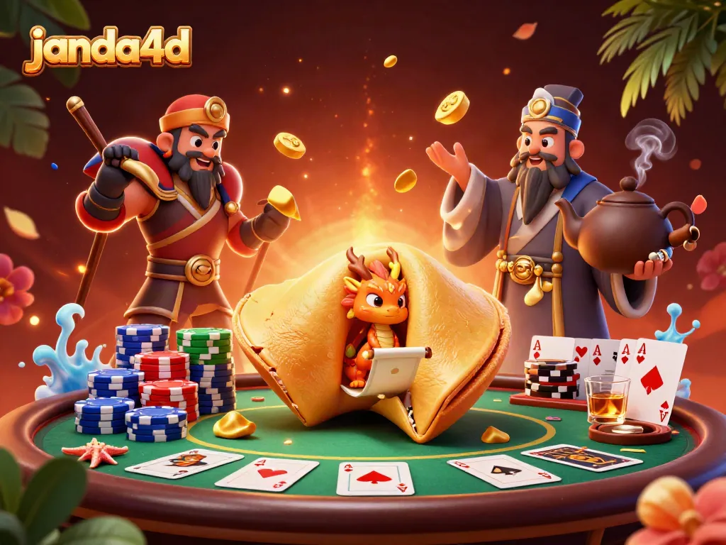 Menggali keuntungan janda4d dengan ilustrasi 3D kartun luar biasa yang menggambarkan kue keberuntungan emas dan elemen kasino.