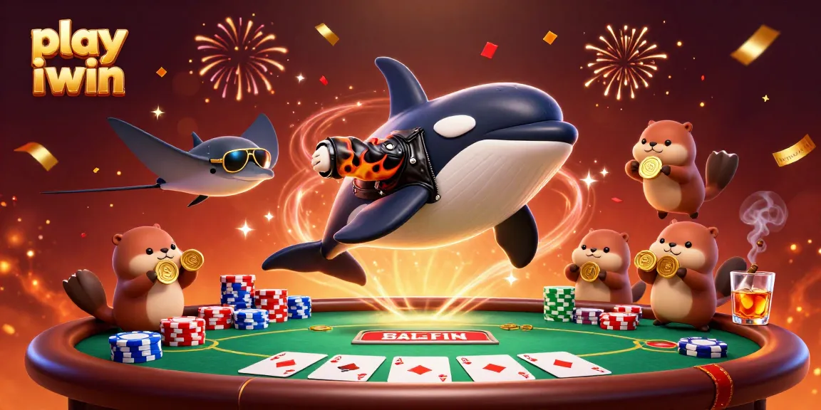 Play iwin in a vibrant, energetic gaming scene with a cartoon orca and sea otters featuring celebrate elements.