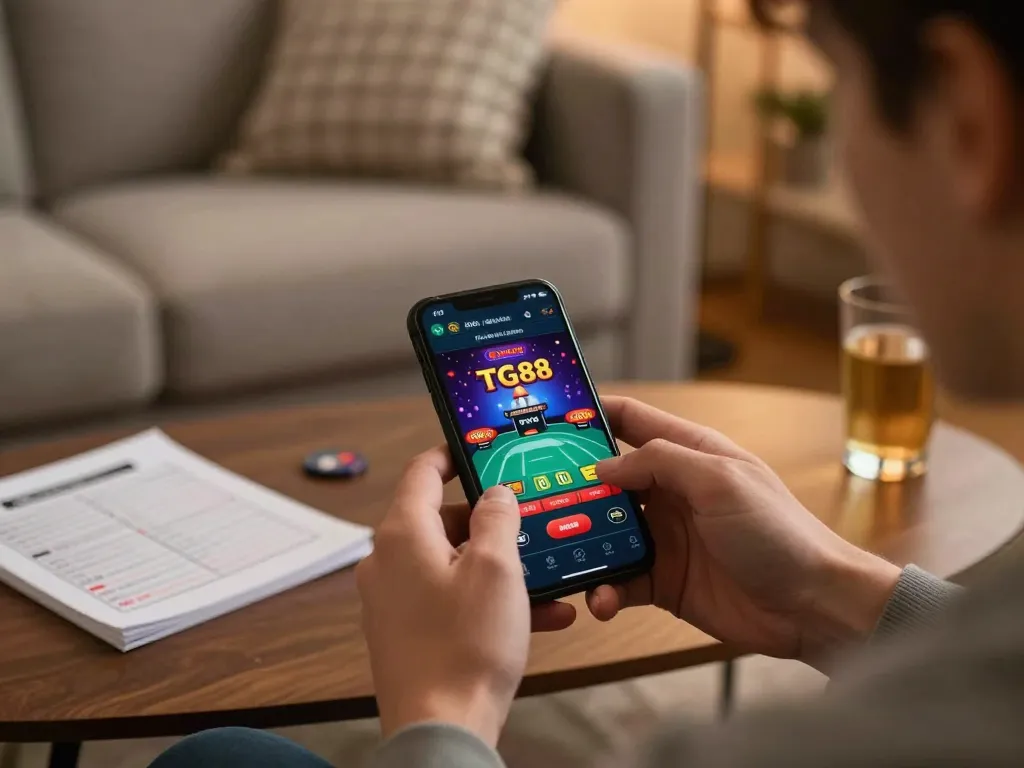 Engaging with TG88 casino app, showcasing mobile gaming excitement in a cozy living room.