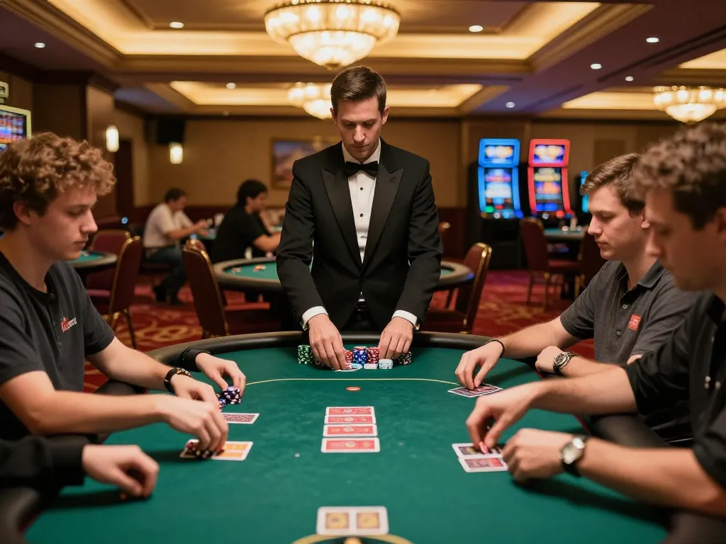 Pemain yang terlibat di meja poker wma-minelife, merencanakan strategi dan memasang taruhan di kasino mewah.