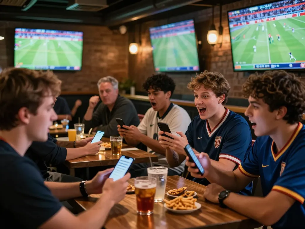 Socolive users enthusiastically engaging with sports betting apps while watching live football games in a vibrant bar.