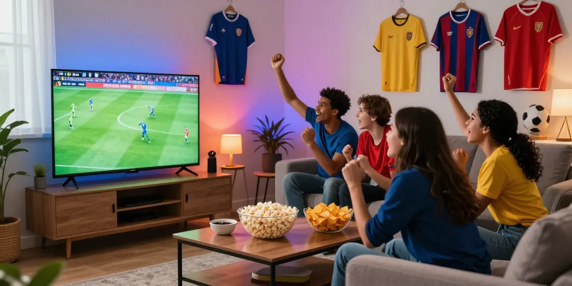 Streaming live bola gratis di ruang tamu yang meriah dengan teman-teman menonton pertandingan sepak bola.