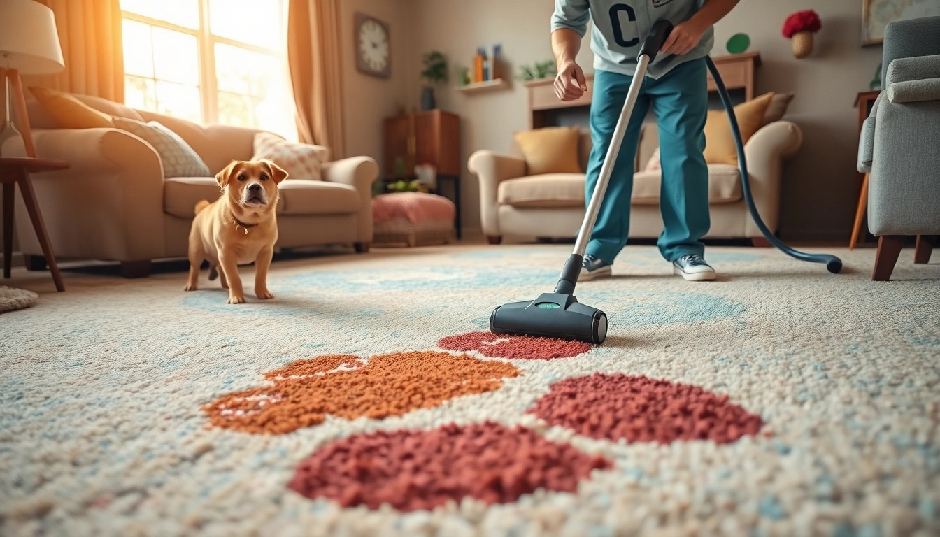 Efficient pet odor carpet cleaning with a professional removing stains in a cozy living room.