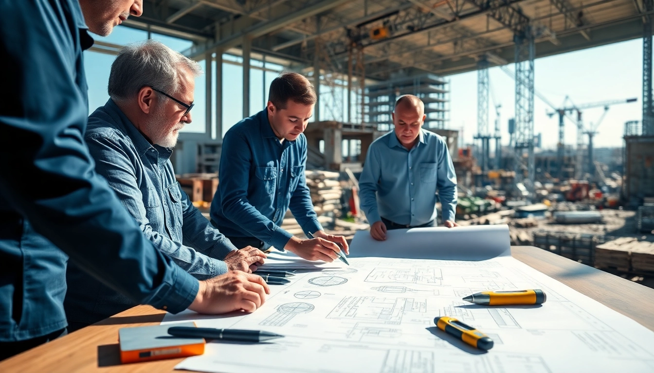 Engineers collaborating on engineering services at a construction site, highlighting teamwork and innovation.