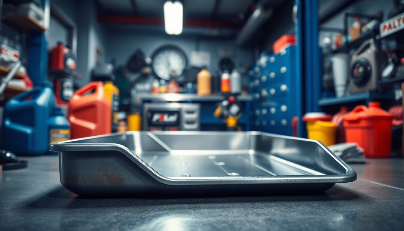 Using an oil drain pan to capture oil during an automotive service in a well-equipped garage.