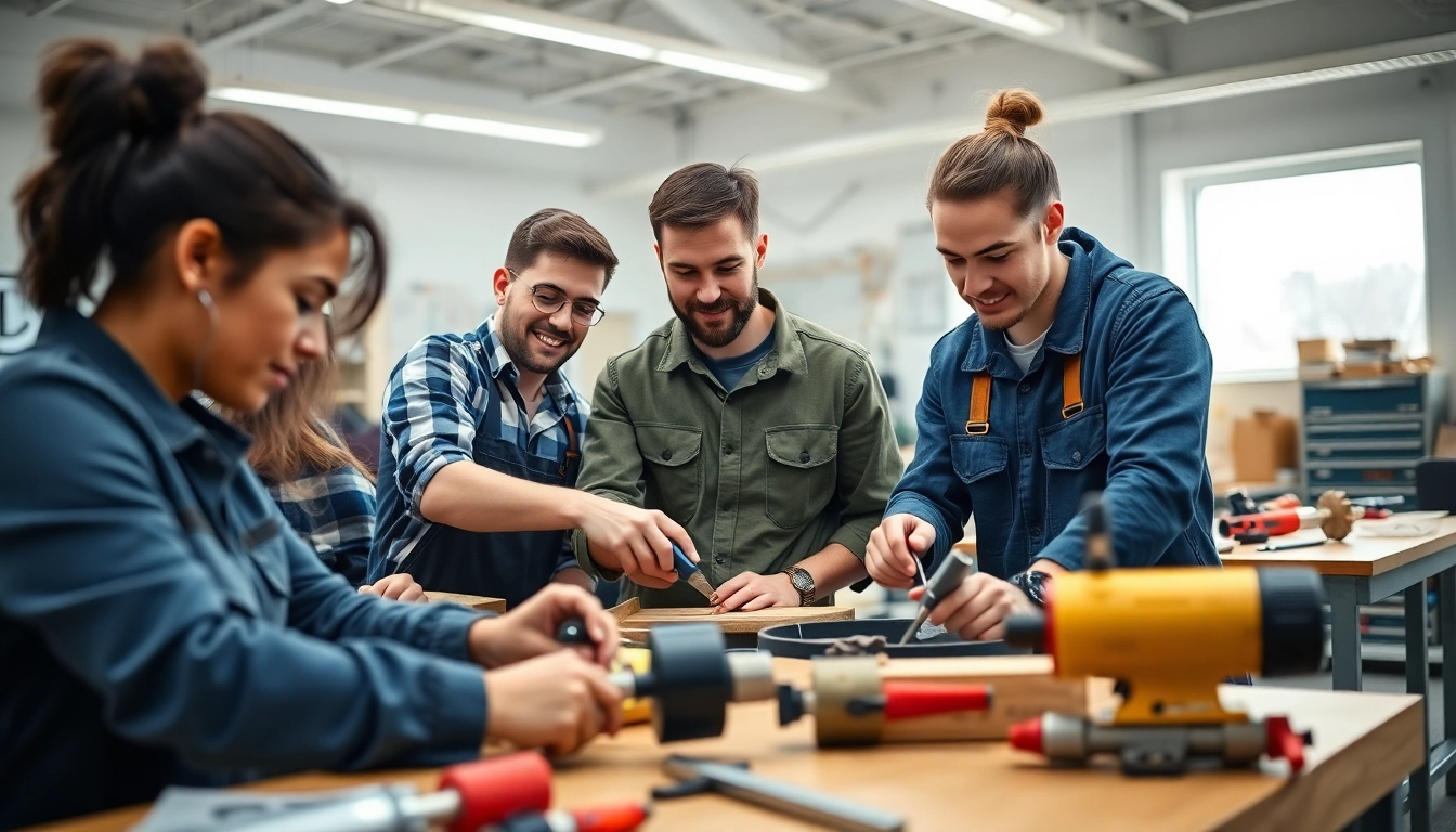 Young adults practicing skilled trades training in a collaborative classroom environment.