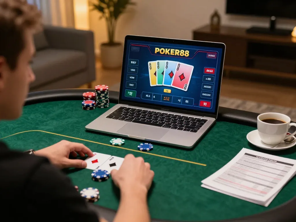 Player engaging in POKER88 online poker game on laptop, showcasing strategy and excitement