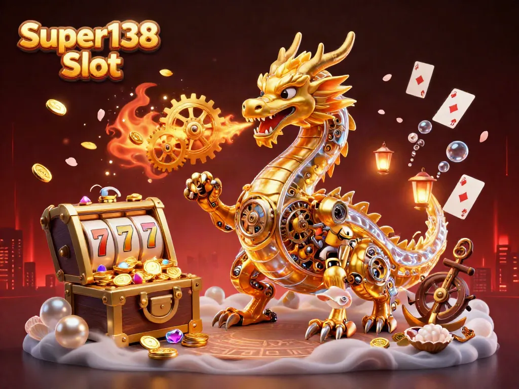 Experience the thrill of Super138 Slot featuring a golden dragon surrounded by vibrant casino elements.