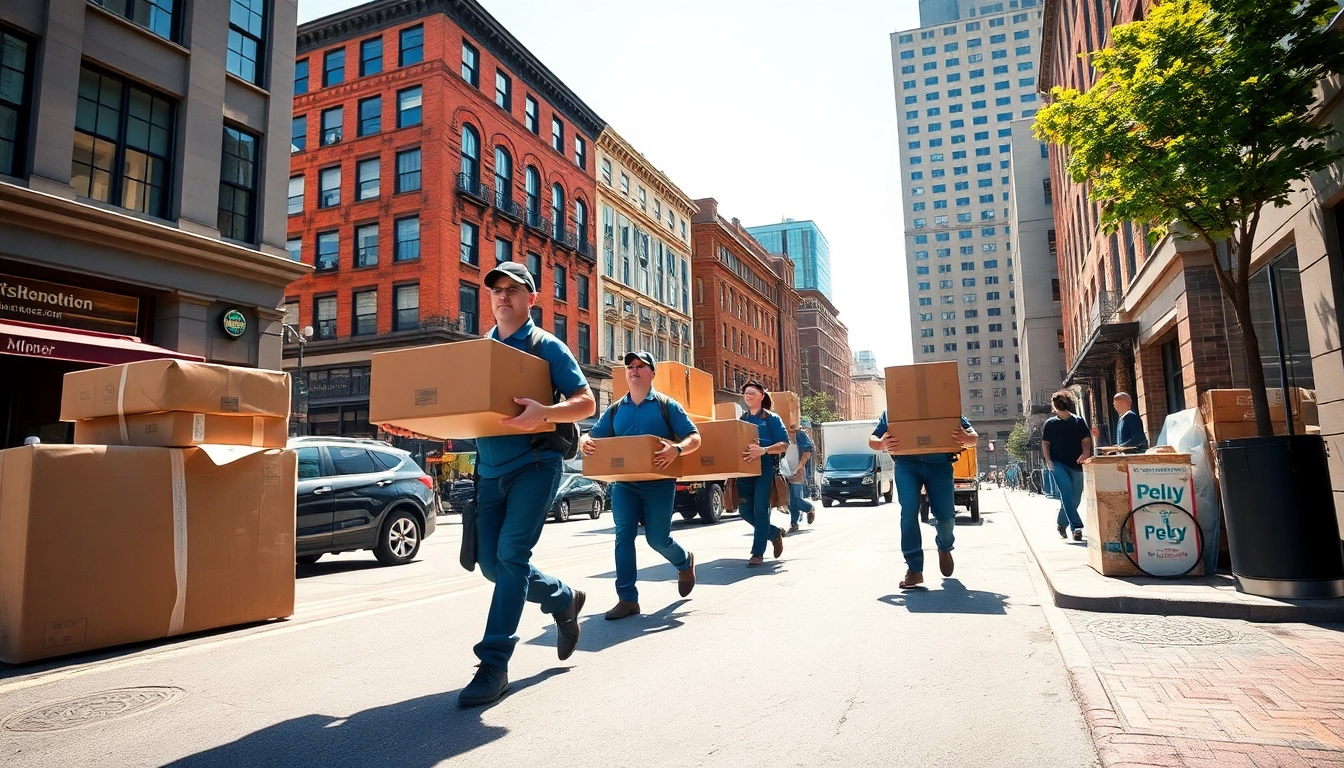 A Boston moving company team efficiently handling boxes in a busy urban setting.