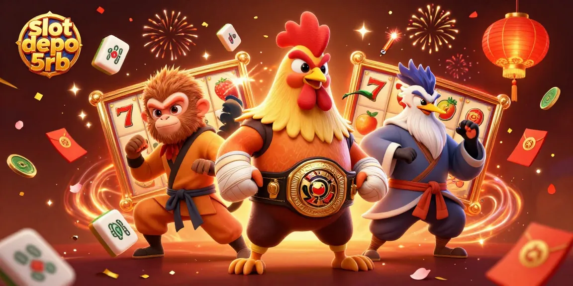 Experience slot depo 5rb with a vibrant 3D scene featuring a Muay Thai rooster and magical elements.