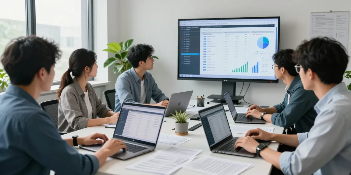 Detect fraud receipt analysis in a high-tech office workspace with data analysts collaborating.
