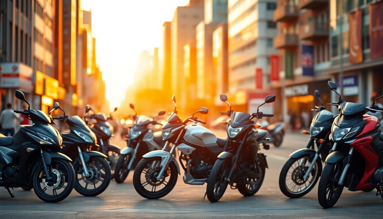Showcasing budget DOT approved motorcycles for sale with sleek designs against a vibrant city backdrop.