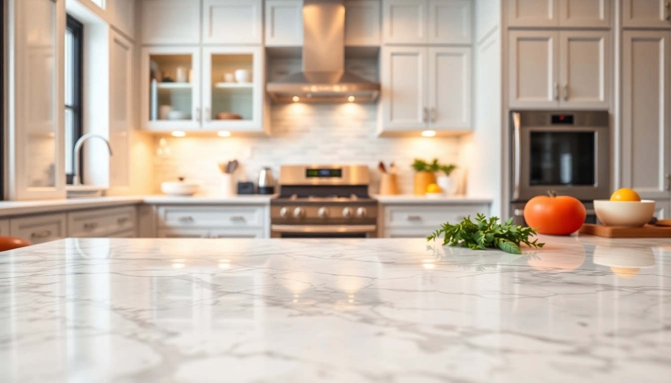 Admire a pristine Caesar stone countertop in a modern kitchen, showcasing its elegant features and inviting ambiance.