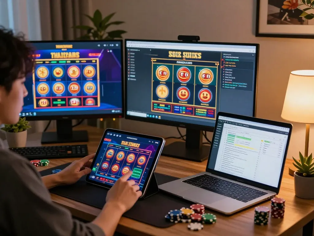 Engage with slot server thailand games in a stylish home office setup featuring multiple gaming devices.