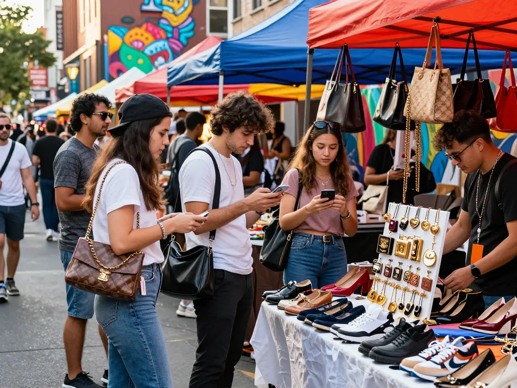 Shoppers exploring a vibrant 레플리카 사이트 street market showcasing trendy replica fashion items.