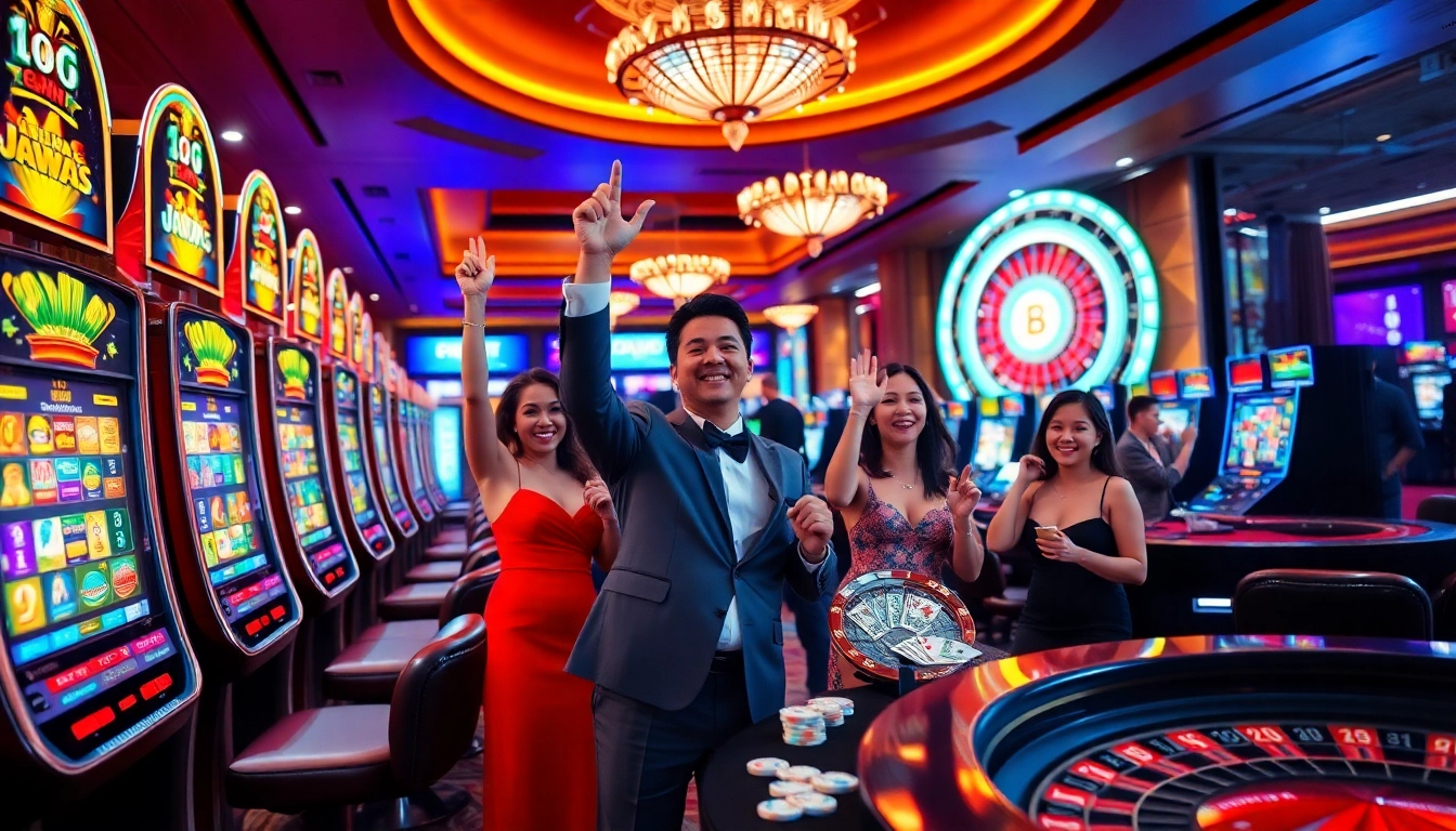 Gambling enthusiasts experiencing excitement at jamuslot virtual slots with vibrant machines and chips.