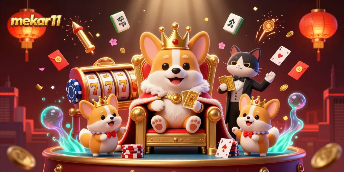 Experience the excitement of mekar11 with royal corgis, poker elements, and vibrant casino visuals.