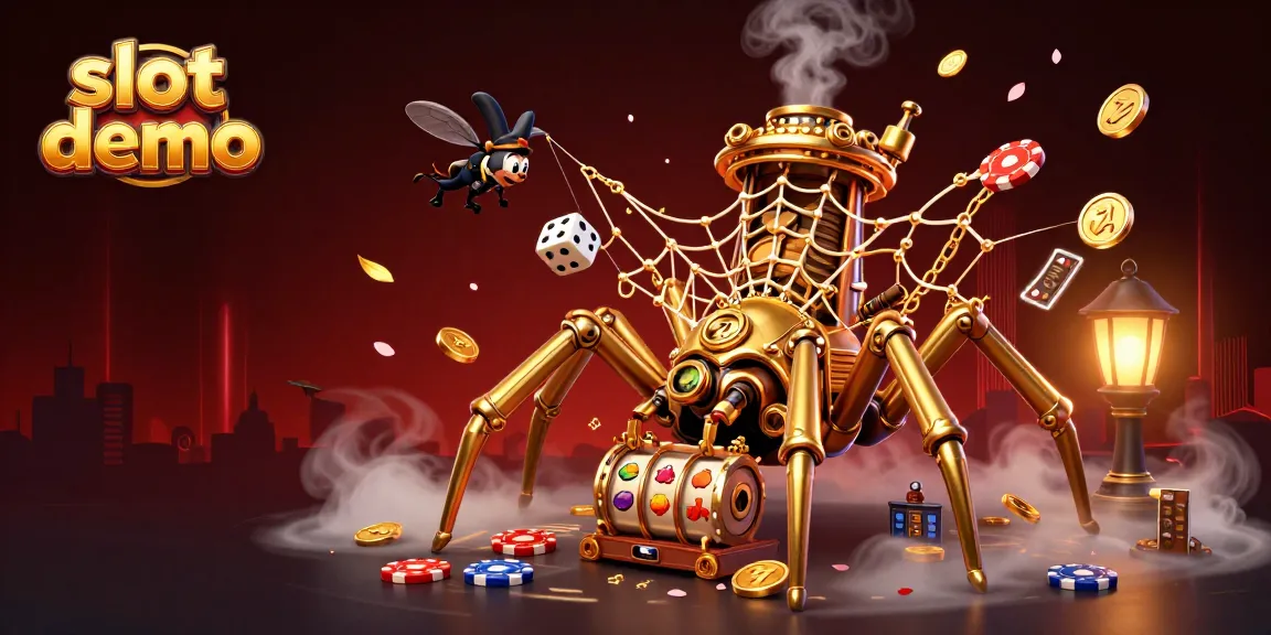 Engage with a thrilling slot demo featuring a golden spider, poker elements, and dynamic game symbols.