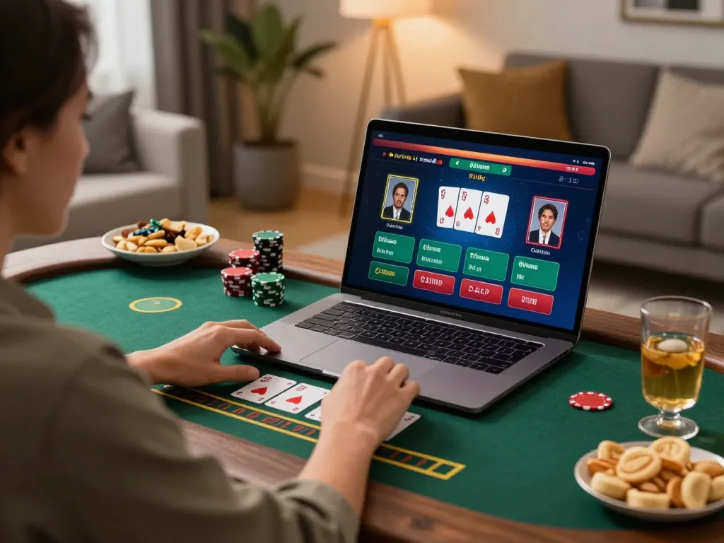 Engaging in a live dealer game at home with 56win trang chủ visible on the screen, showcasing strategic gameplay.