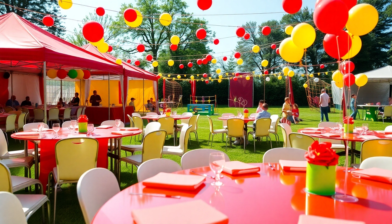 Engaging setup for Party Rentals featuring colorful tents and festive decorations.