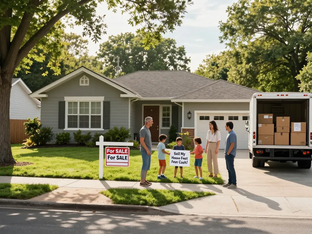 Family selling their home, showcasing "Sell my house fast for cash" in a vibrant suburban setting.