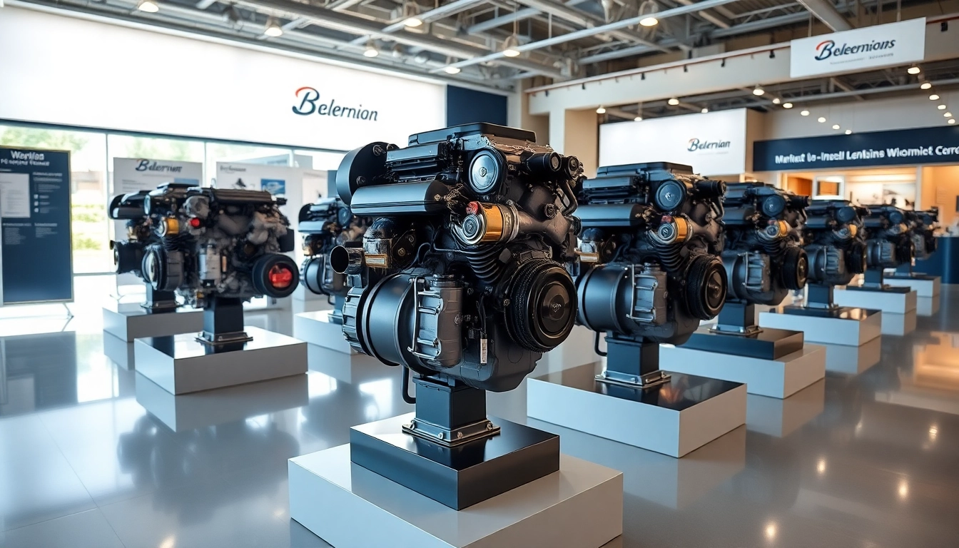 Showcase of various used engines in a bright showroom environment.