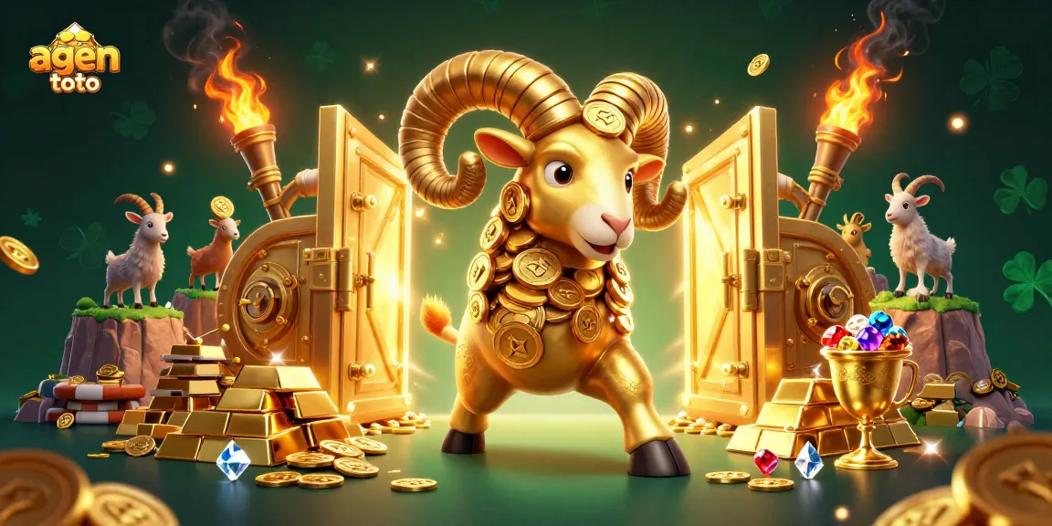 Experience agen toto gaming with a 3D cartoon ram and golden treasures in a vibrant casino scene.