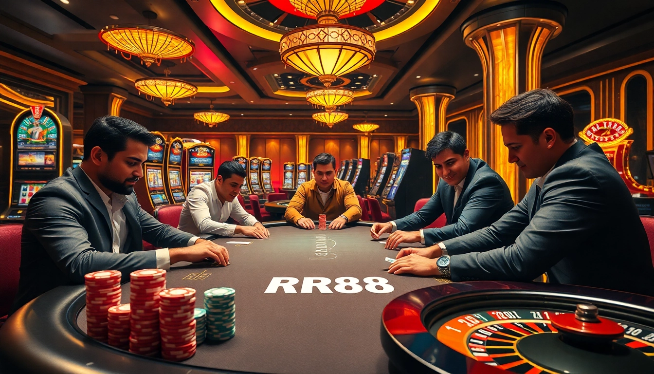 Experience thrilling gameplay at RR88's vibrant casino with players enjoying poker and slot machines.