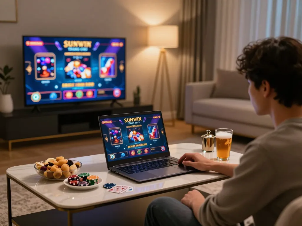 Engaging player utilizing SUNWIN TRANG CHỦ on a modern laptop in a cozy gaming setup.