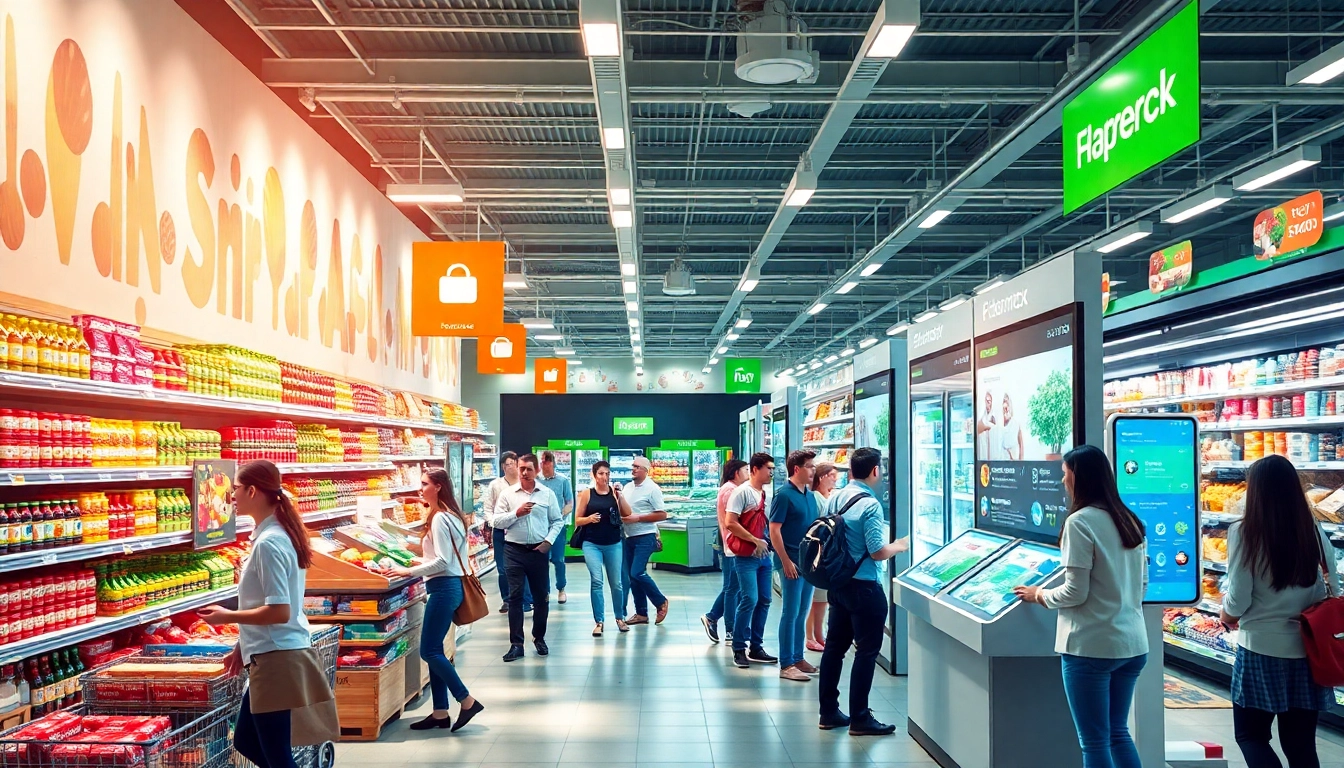 Modern trade showcased in a vibrant supermarket with shoppers and digital kiosks.