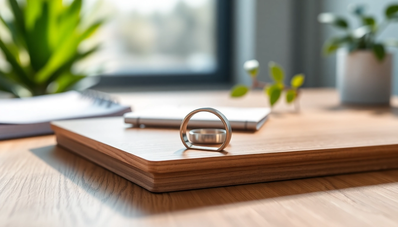 Showcasing Ringconn smart ring on a sleek desk with natural light highlighting its design.