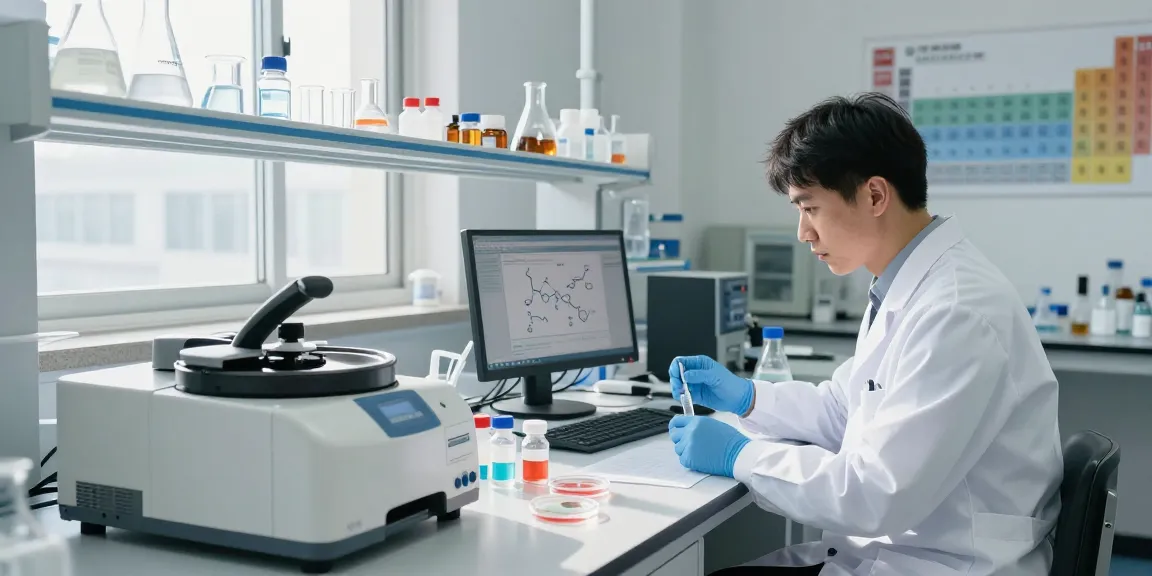 Research compounds supplier in a professional lab analyzing chemical vials and instruments.