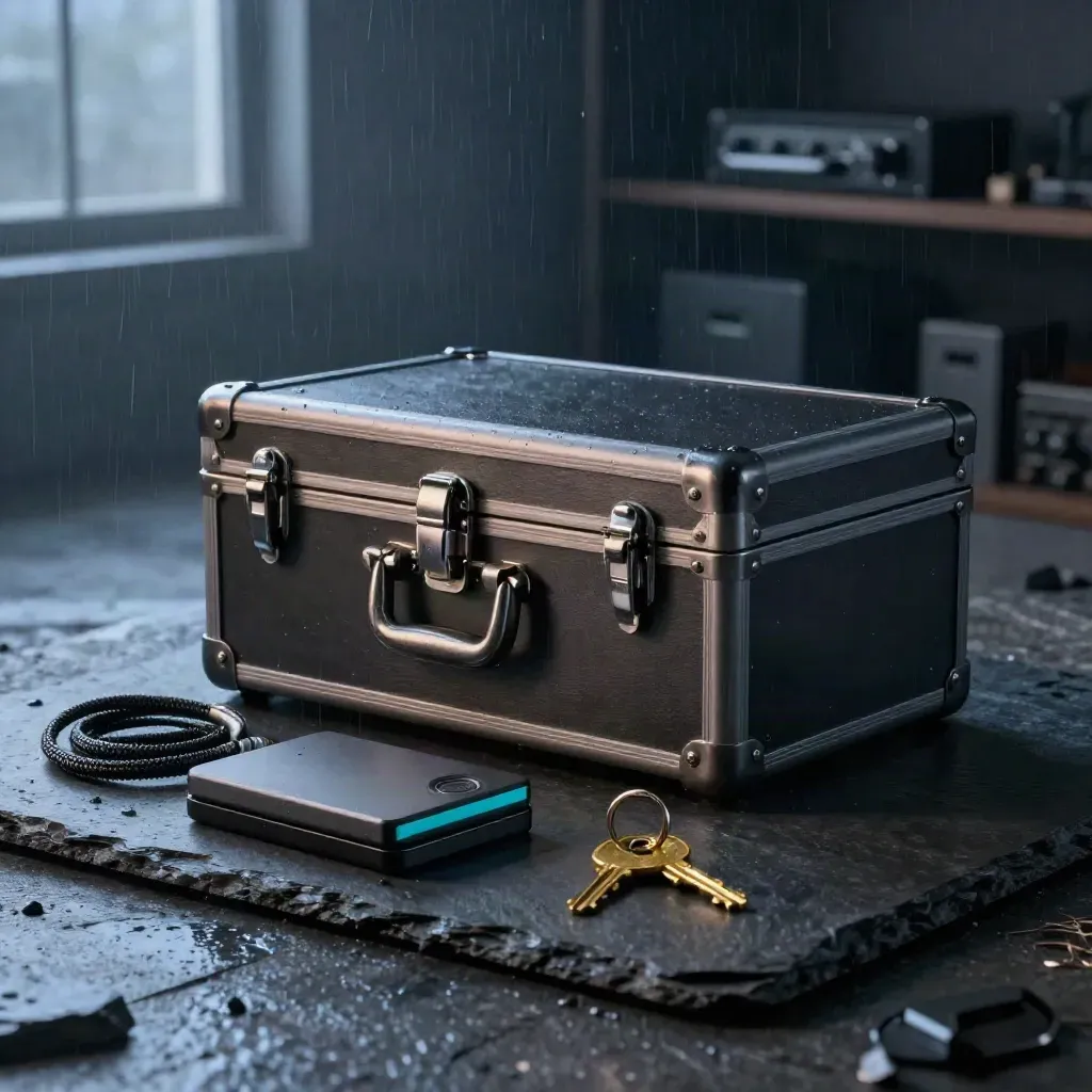 Vault case, external drives, cable lock and brass key ring on slate under blue-hour rain mist.