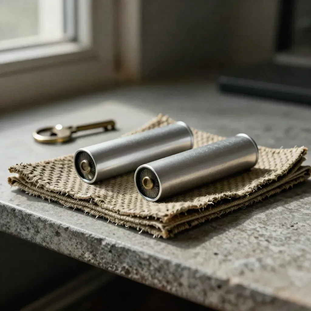 Two backup drive cartridges, brass key ring, and woven anti-static mat on a stone shelf in dramatic light