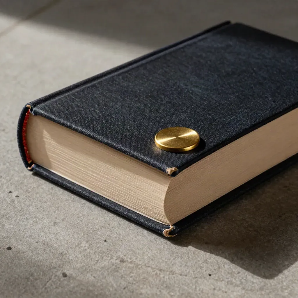 Top-down macro of a closed black board book, brass seal, and archival box on stone.