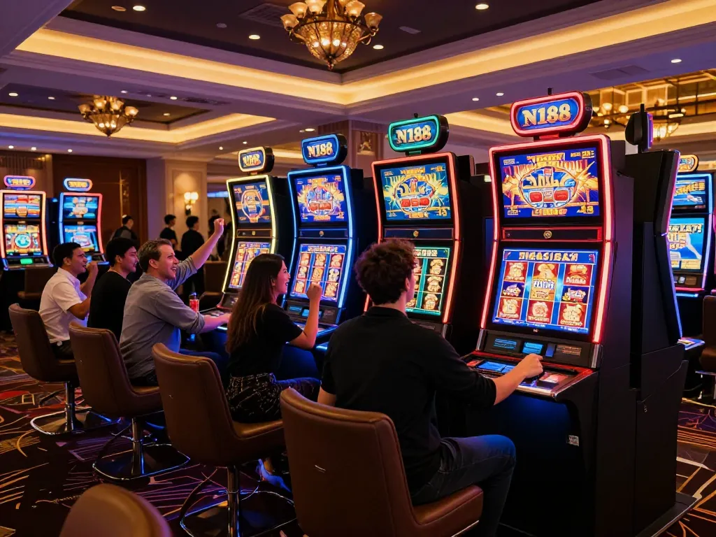 N188 casino players celebrating a big win at a vibrant slot machine.