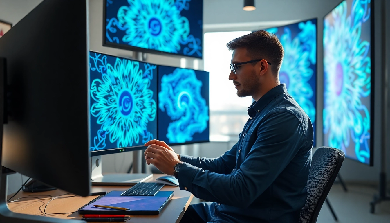 Generate stunning visuals with the innovative image generator in a modern art studio.