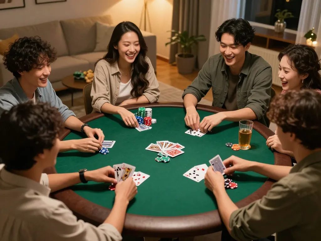 Friends enjoying a poker game at home while using https://www.atqvn.com/ for their online betting.