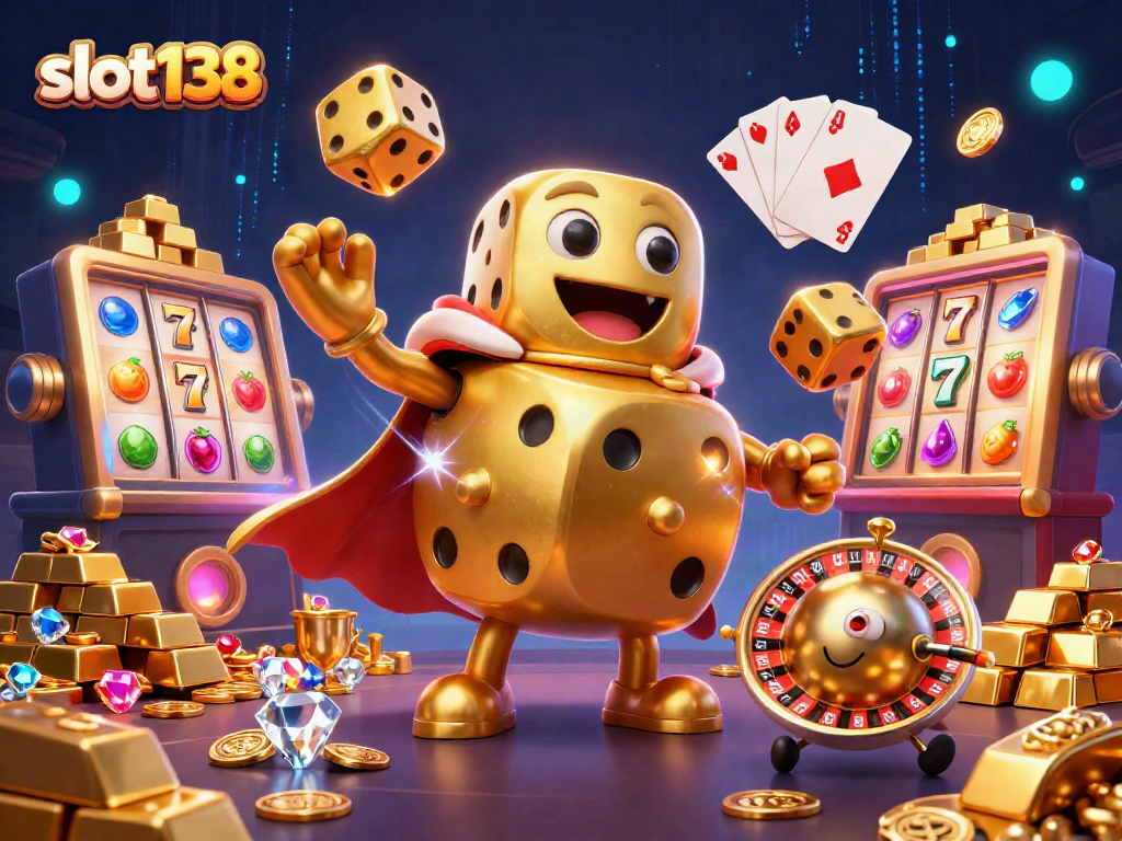 Engage in exciting gameplay with slot138's vibrant scene featuring golden dice and jackpots.
