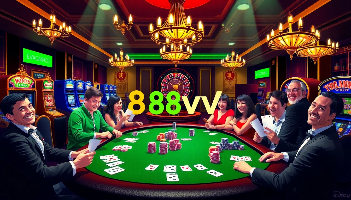 Players engage in thrilling poker action at an 88vv casino table, showcasing excitement in gaming.