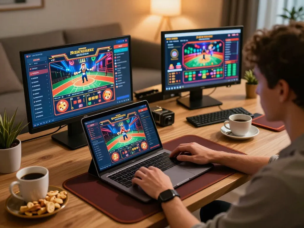 Player engaging with BK8 online casino on laptop, showcasing vibrant game interface.