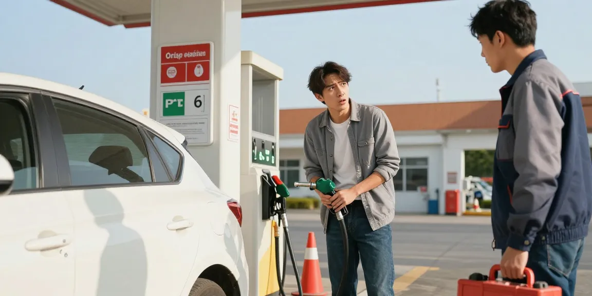 Petrol in a diesel car scenario with a mechanic assisting a driver at a fuel station.