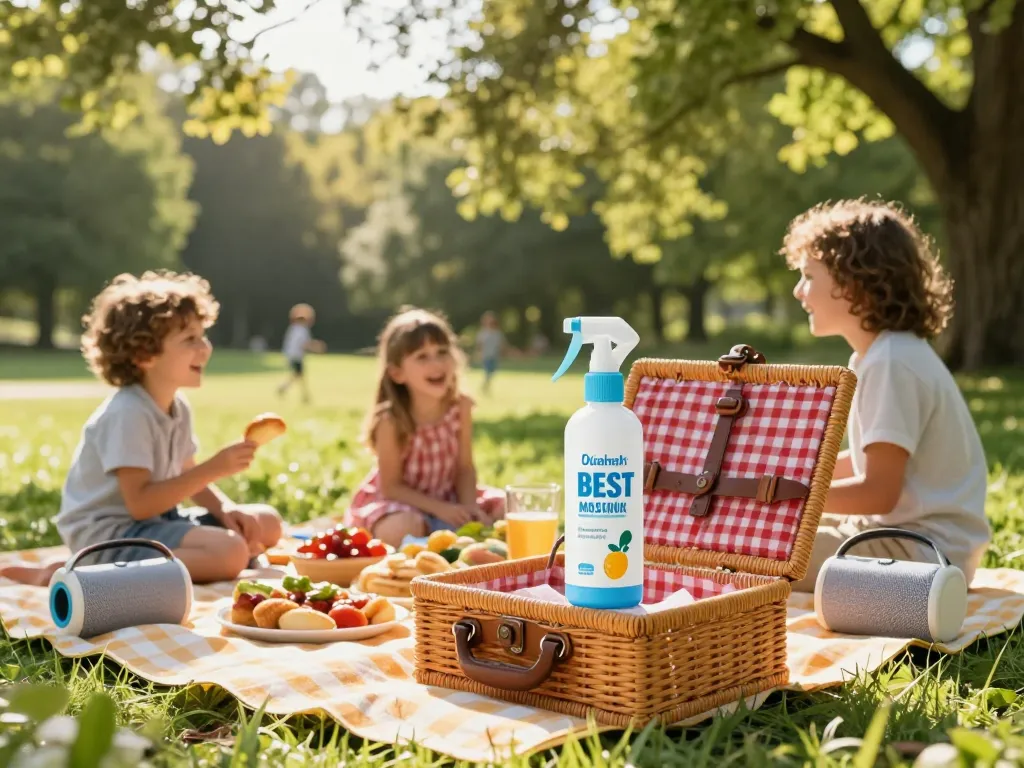 Family enjoying a summer picnic protected by the Best Mosquito Repellent under warm sunlight.