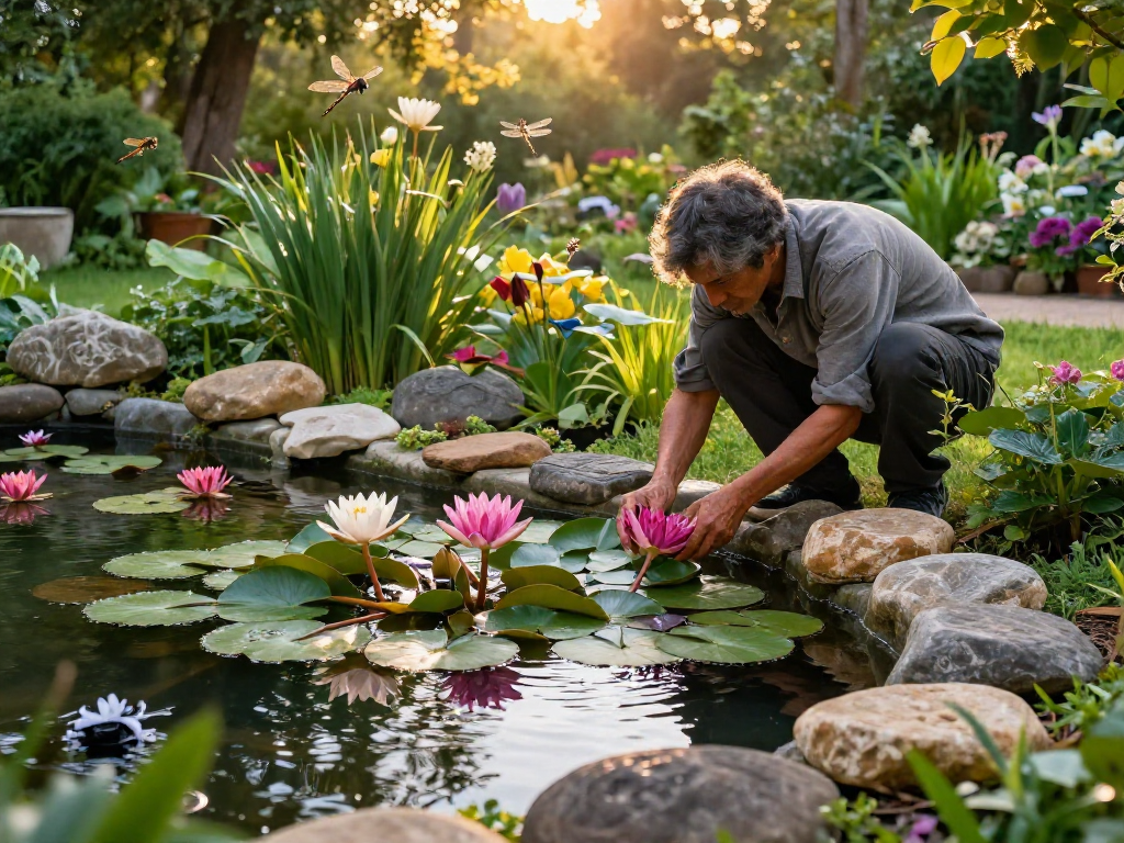 Vibrant water lilies blooming in a tranquil garden pond.